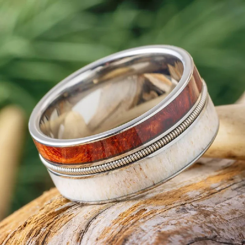 Antler Wedding Band with Exotic Wood and Guitar String