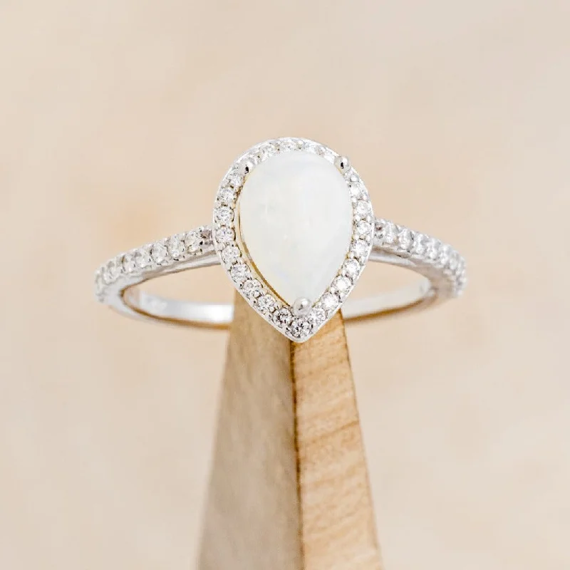 "RORY" - PEAR CUT WHITE OPAL ENGAGEMENT RING WITH DIAMOND HALO & ACCENTS