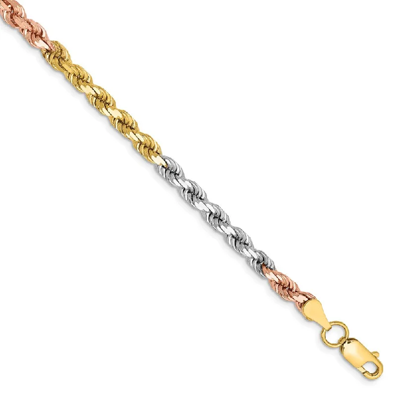 4mm, 14k Tri-Color Gold, D/C Solid Rope Chain Bracelet