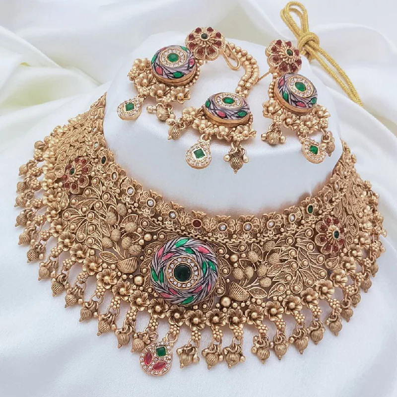 Akruti Collection Gold Plated Pota Stone And Pearls Meenakari Choker Necklace Set