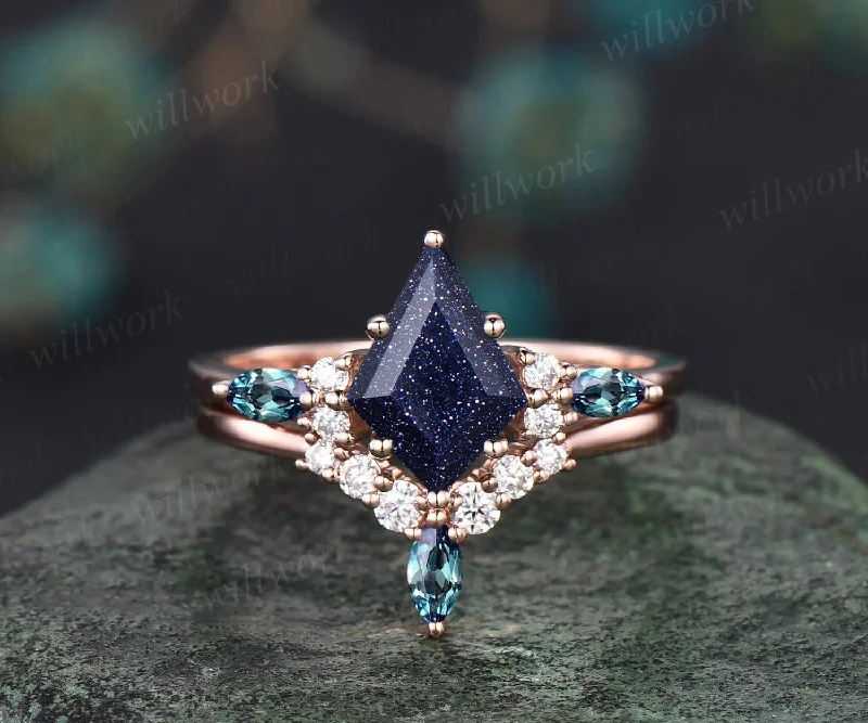 Galaxy Blue Sandstone Engagement Ring Set Unique Moissanite Diamond Alexandrite Wedding Ring 14k Rose Gold Seven Stone Ring Healing Jewelry