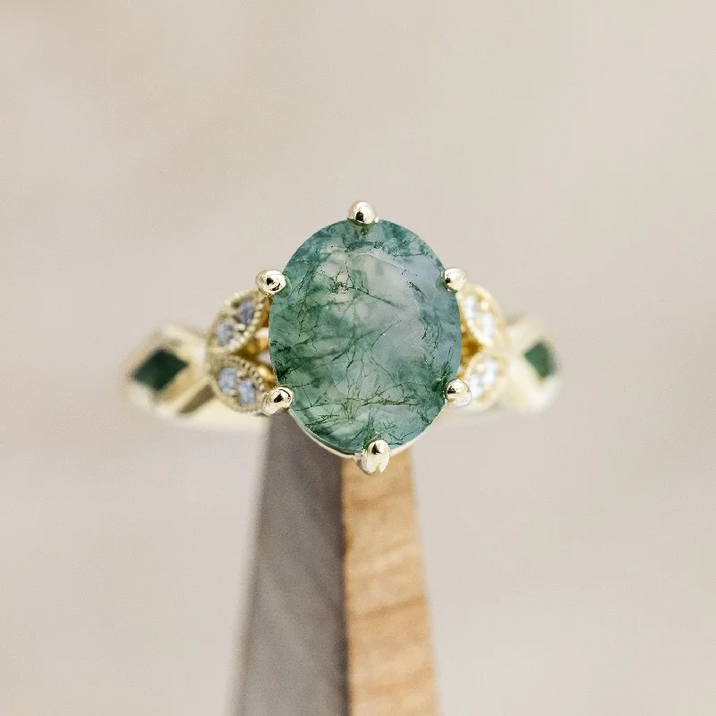 "LUCIA" - OVAL MOSS AGATE ENGAGEMENT RING WITH DIAMOND ACCENTS & MOSS INLAYS