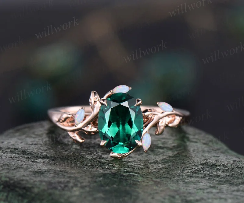 Oval emerald ring vintage leaf marquise opal ring women five stone unique nature inspired engagement ring twig wedding ring rose gold gift