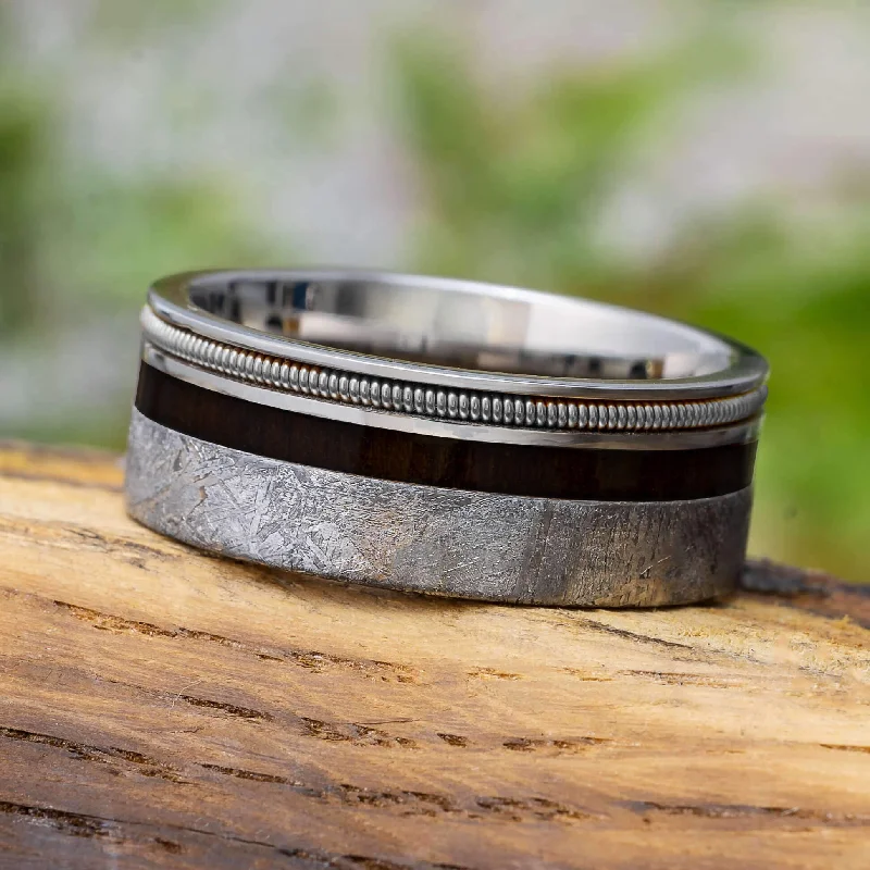 Guitar String Ring with Meteorite and Wood