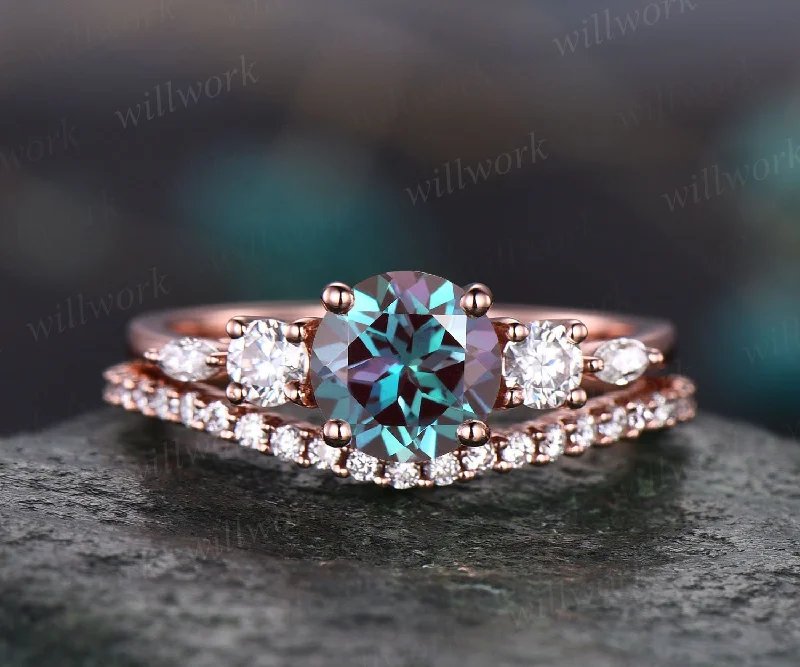 Alexandrite ring gold women vintage Alexandrite engagement ring set rose gold bridal ring set art deco moissanite ring set promise ring set