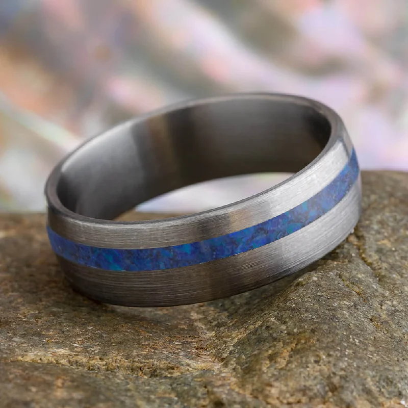 Crushed Blue Opal in Brushed Titanium Wedding Band