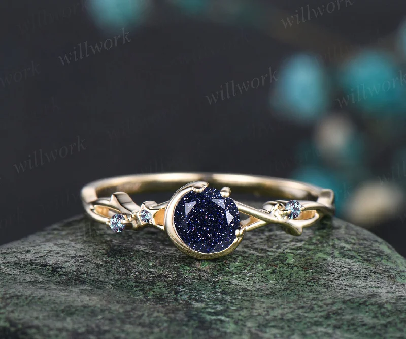 Galaxy Round Cut Blue Sandstone Engagement Ring June Birthstone Alexandrite Twisted Split Shank Ring Moon Star Wedding Ring Promise Jewelry