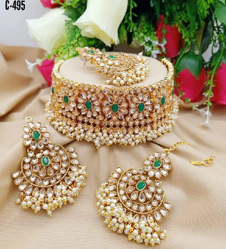 India Art Gold Plated Crystal Stone And Pearls Choker Necklace Set