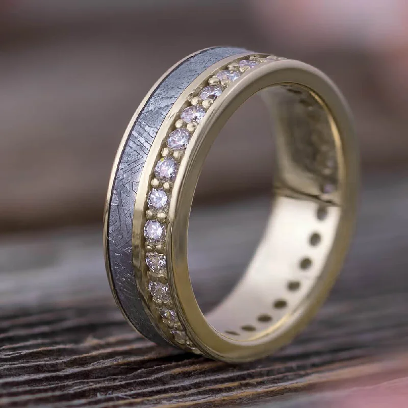 Authentic Meteorite & Diamond Eternity Ring in Solid Gold