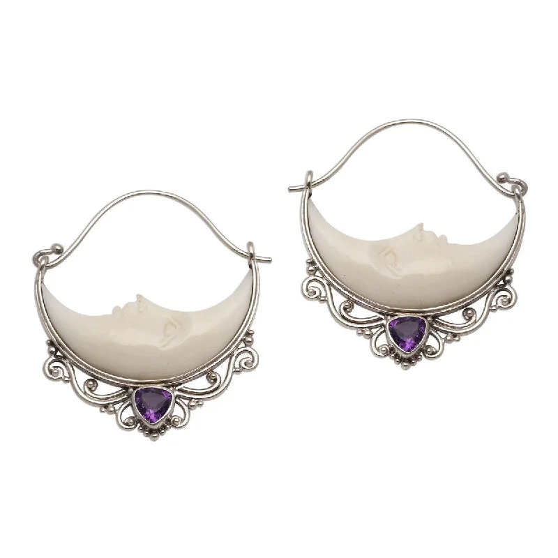 NOVICA Sleeping Moons, Amethyst and bone hoop earrings - 1.4*0.2