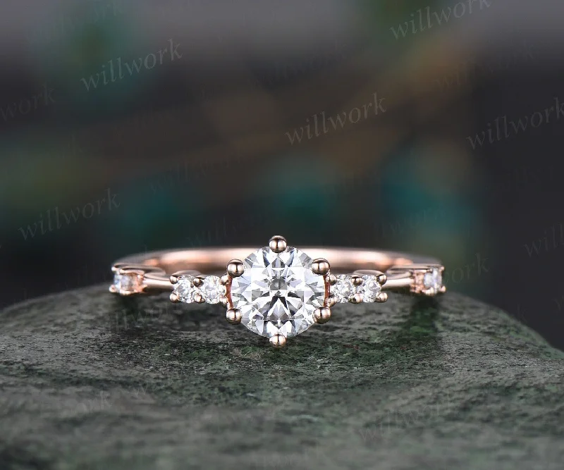 Round moissanite ring vintage dainty moissanite engagement ring rose gold unique 6 prong engagement ring 7 stone diamond wedding ring women