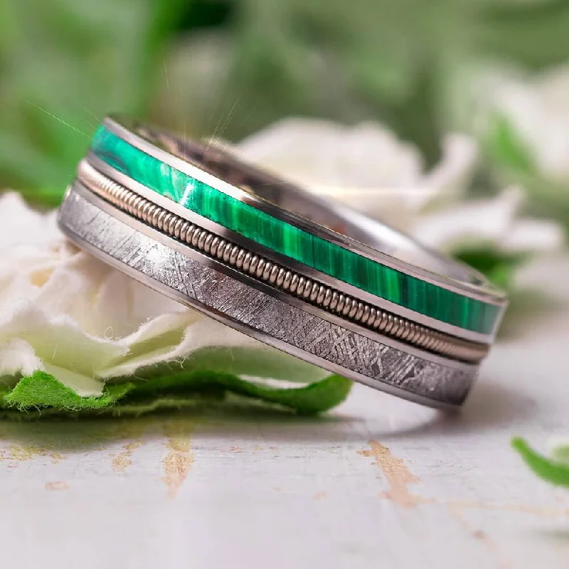 Guitar String Wedding Band With Meteorite & Malachite