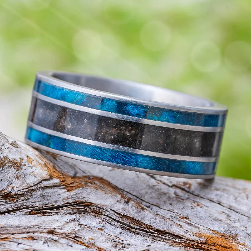 Blue Wood Men's Wedding Band With Crushed Dinosaur Bone