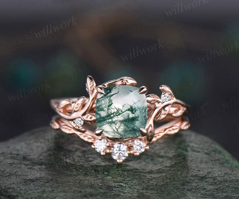 Twig cushion cut green moss agate engagement ring set leaf branch rose gold three stone diamond unique nature inspired wedding ring women