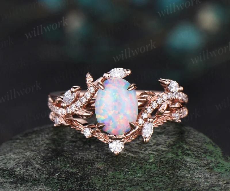 Vintage Oval white opal engagement ring rose gold art deco leaf nature inspired half eternity diamond anniversary ring women gift