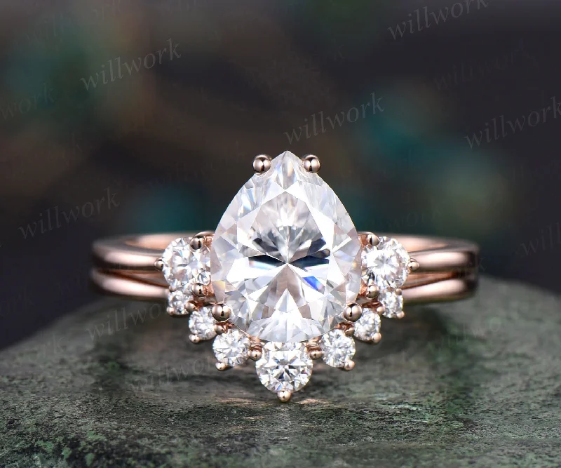 8x10mm pear shaped Moissanite engagement ring set solid 14k rose gold three stone Minimalist unique wedding promise bridal ring set women