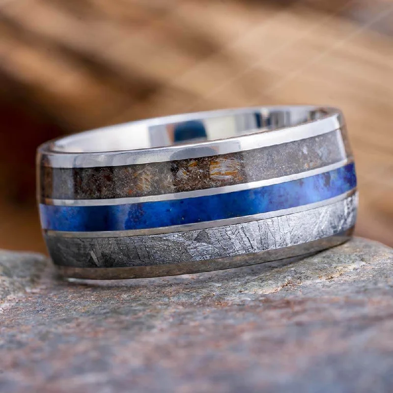 Meteorite Ring With Dinosaur Bone And Lapis Lazuli In Titanium