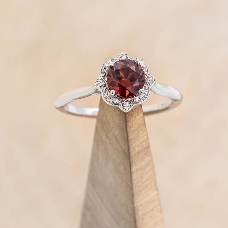 "JANE" - ROUND CUT MOZAMBIQUE GARNET ENGAGEMENT RING WITH DIAMOND ACCENTS