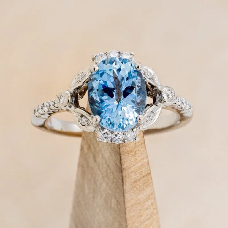 "CLAIRE" - OVAL AQUAMARINE ENGAGEMENT RING WITH DIAMOND HALO & ACCENTS