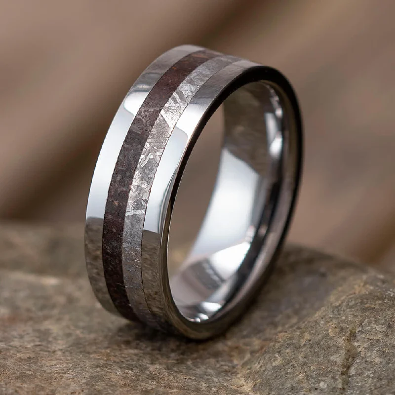 Meteorite & Dinosaur Bone Ring in Polished Tungsten