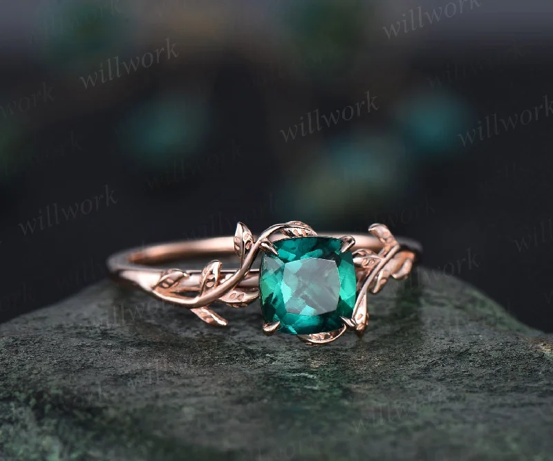 Cushion cut green emerald ring vintage unique nature inspired engagement ring leaf 14k rose gold ring art deco bridal wedding ring for women