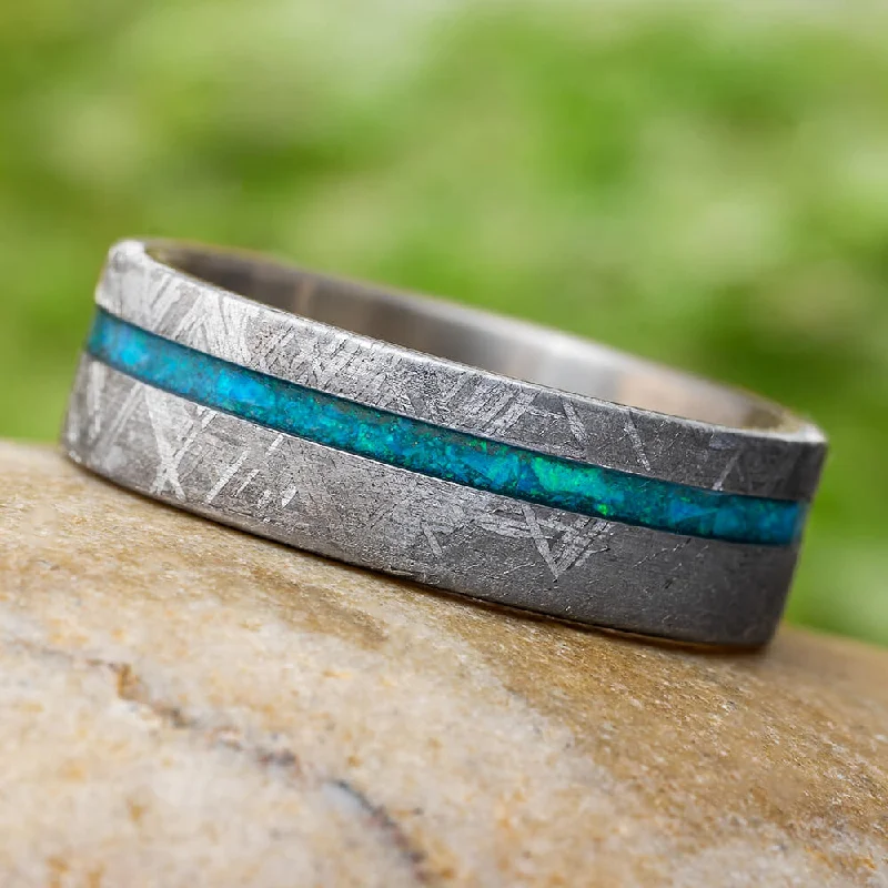 Gibeon Meteorite Wedding Band with Crushed Opal Strip, Titanium Ring