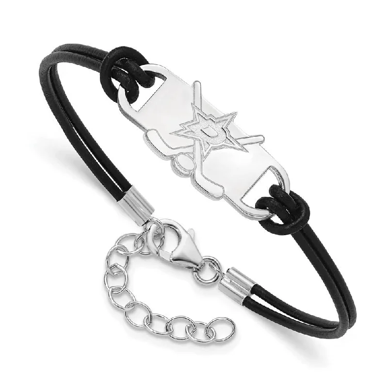 Sterling Silver Rhodium Plated NHL Dallas Stars Leather Bracelet, 7 In