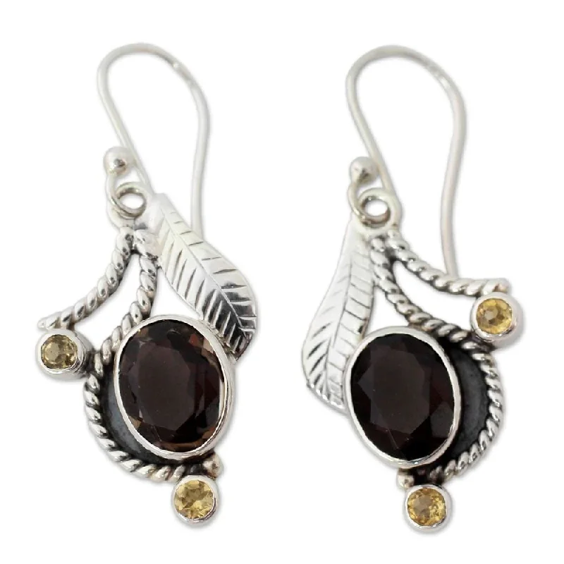 NOVICA Smoky Quartz and Citrine Dangle Earrings, 'Dew Blossom' (India) - 1.6*0.6