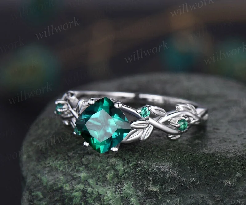 Twig cushion cut green emerald engagement ring 14k white gold five stone emerald ring vintage retro gemstone leaf wedding ring women gift