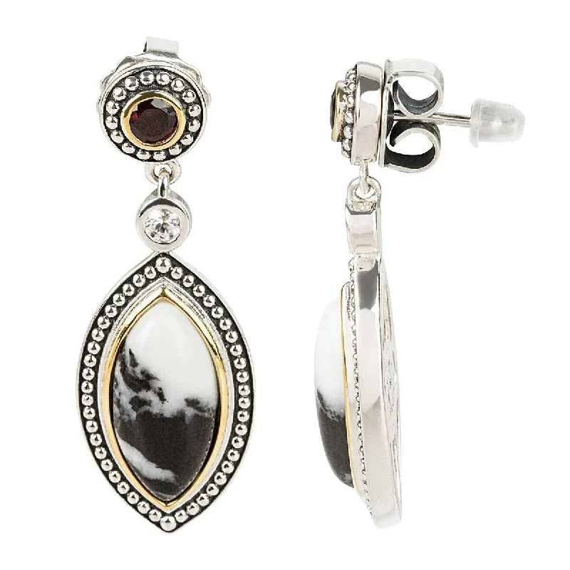 925 Sterling Silver White Natural Zircon, Red Garnet, White Buffalo Turquoise Earrings