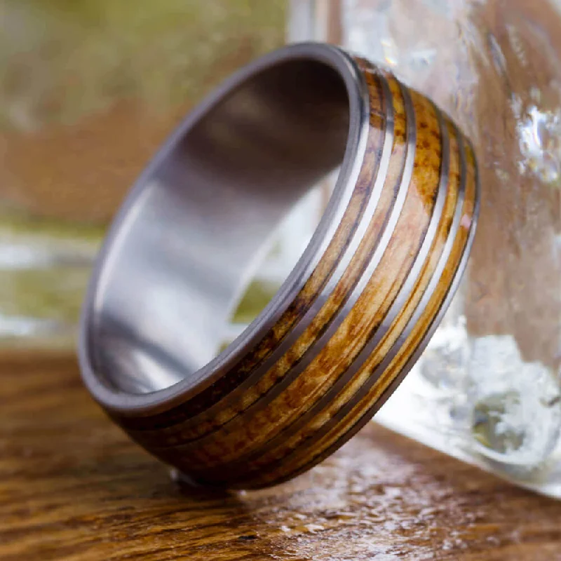 Authentic Whiskey Barrel Oak Wood Ring With Titanium Pinstripes