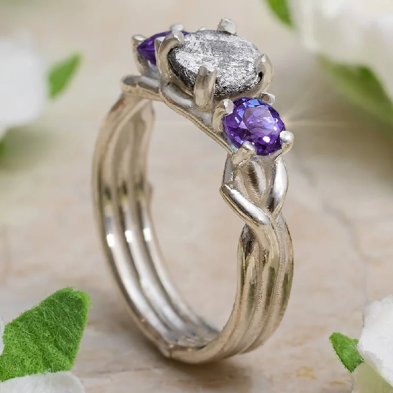 Meteorite Stone Ring With Amethyst Accents