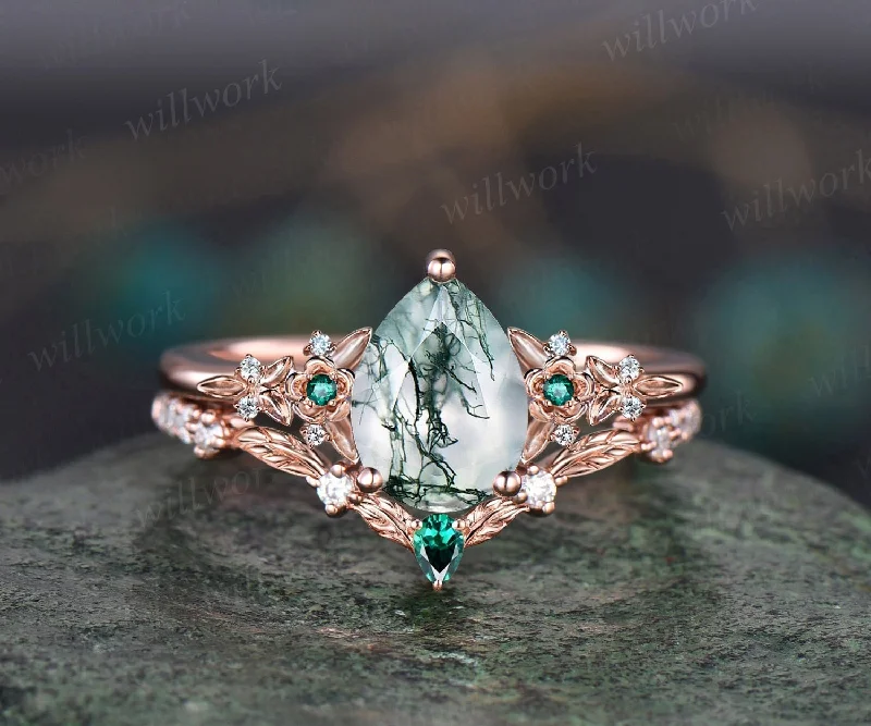 Vintage pear green moss agate engagement ring rose gold leaf flower emerald ring women unique cluster diamond bridal wedding ring set gift