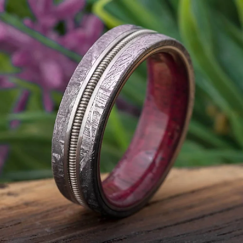 Guitar String Ring with Meteorite and Purple Heart Wood