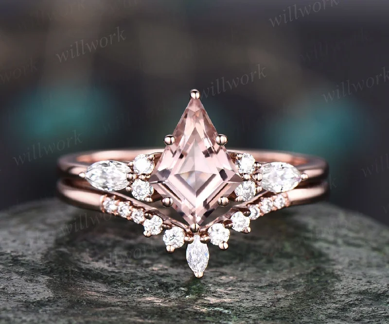 Vintage kite cut 1ct pink morganite engagement ring set 14k rose gold marquise cut diamond ring for women unique bridal wedding ring set