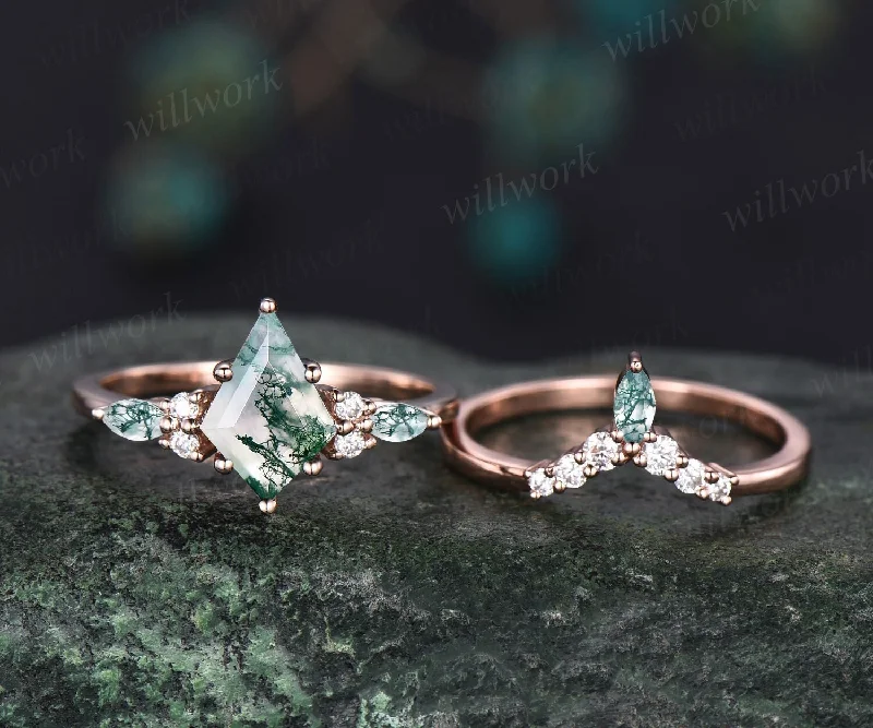 1.5ct Unique kite cut moss agate engagement ring set marquise cut moss agate ring vintage rose gold 6 prong diamond wedding ring set women