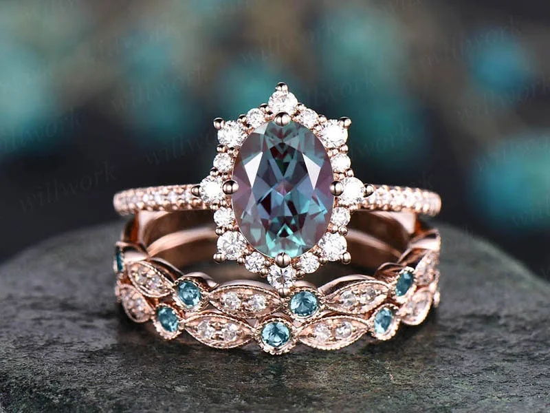 Art deco halo unique vintage Alexandrite engagement ring set rose gold ring for women June birthstone ring diamond ring set bridal ring set