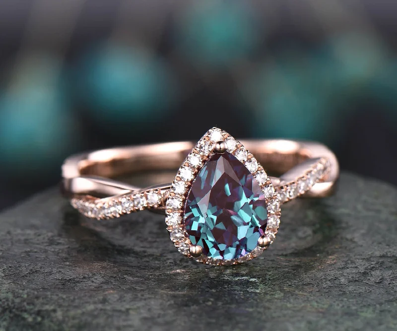 Unique pear shaped Alexandrite engagement ring 14k rose gold halo diamond ring vintage dainty infinity twisted bridal wedding ring for women