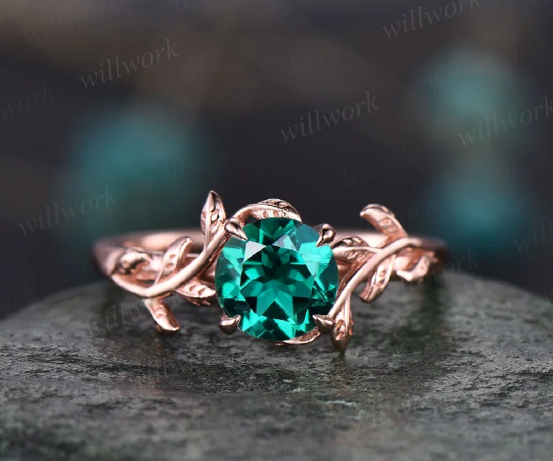 Emerald ring vintage emerald engagement ring rose gold solitaire ring art deco leaf flower ring unique antique wedding promise ring for her