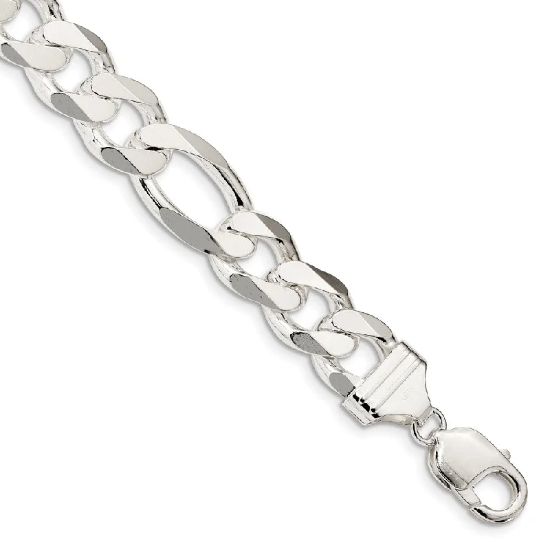 Men's 13.5mm, Sterling Silver, Solid Figaro Chain Bracelet