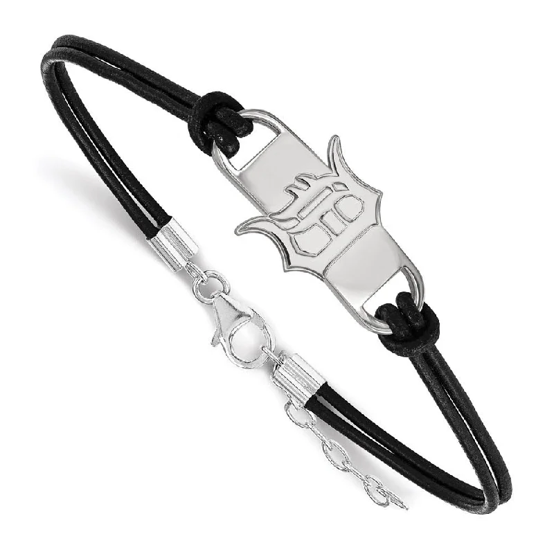 Sterling Silver Rhod-Plated MLB Detroit Tigers Leather Bracelet, 7 In