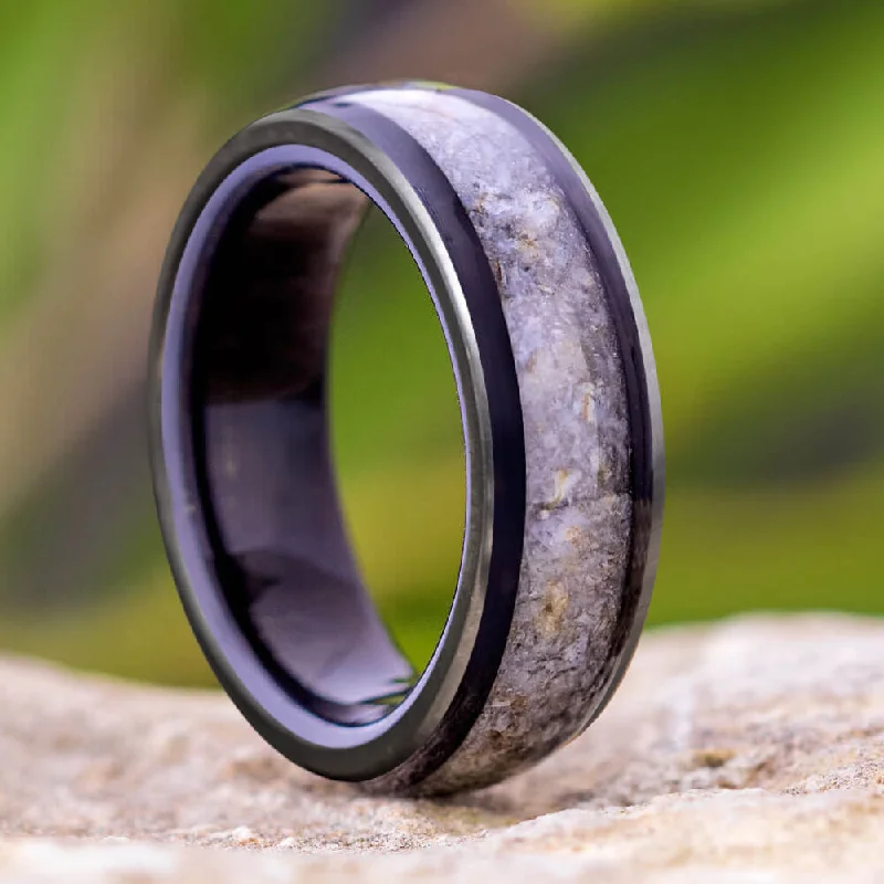 Dinosaur Bone Wedding Band with African Blackwood Sleeve