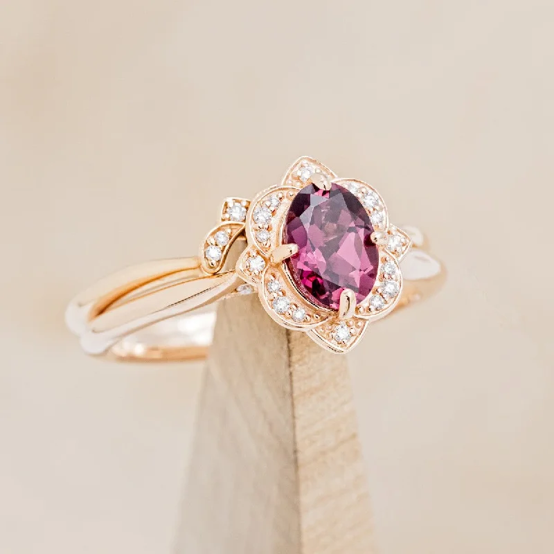 "JANE" - OVAL CUT RHODOLITE GARNET ENGAGEMENT RING WITH DIAMOND ACCENTS & TRACER