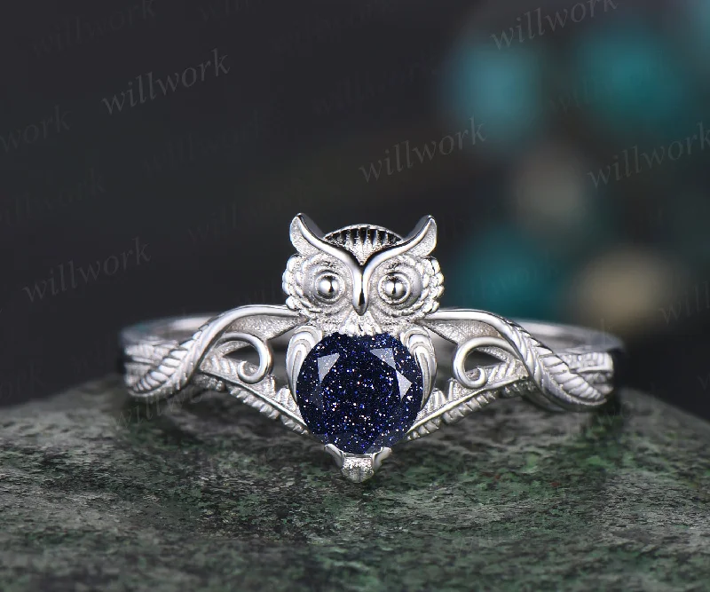 Unique Branch Twig Vine Owl Engagement Ring Round Blue Sandstone Wedding Ring Cute Owl Antique Nature Inspired Blue Sandstone Jewelry