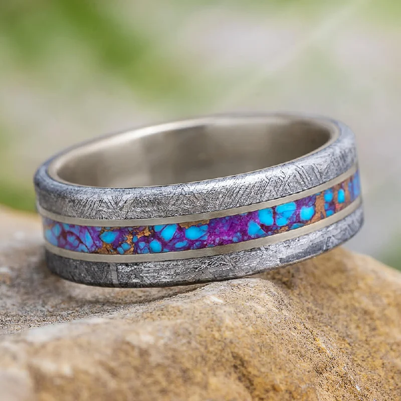 Lava Mosaic Turquoise Men's Ring With Meteorite Edges & Pinstripes