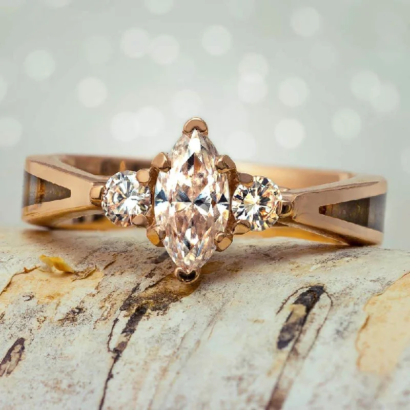 Marquise Cut Moissanite Engagement Ring With Dinosaur Bone Inlay