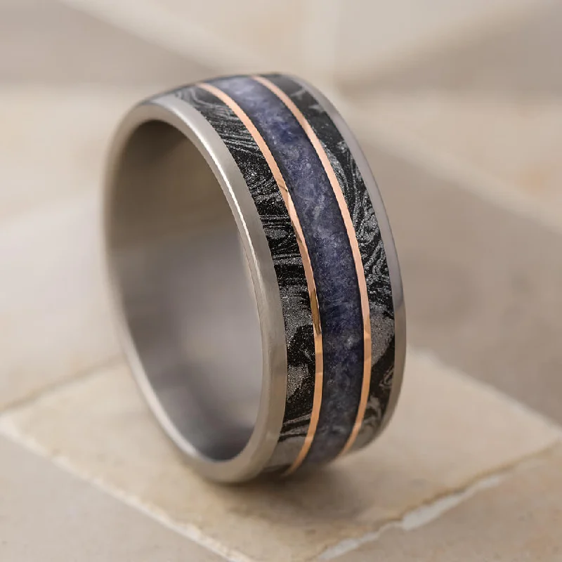 Crushed Sapphire Wedding Band With Mokume Gane