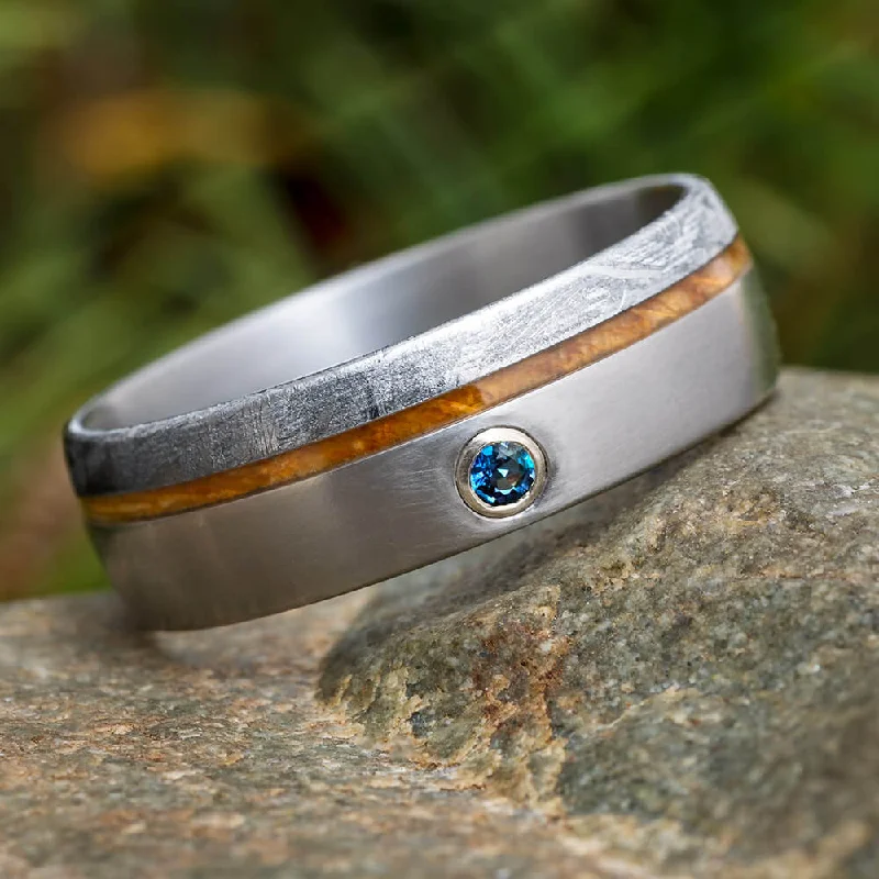 Alexandrite Men's Wedding Band With Meteorite And Whiskey Barrel Wood