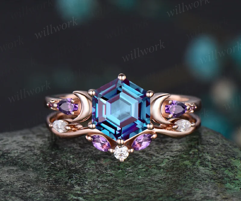 June Birthstone Hexagon Alexandrite Engagement Ring Set 14k Rose Gold Amethyst Moissanite Moon Wedding Ring Five Stone 2pcs Bridal Ring Set