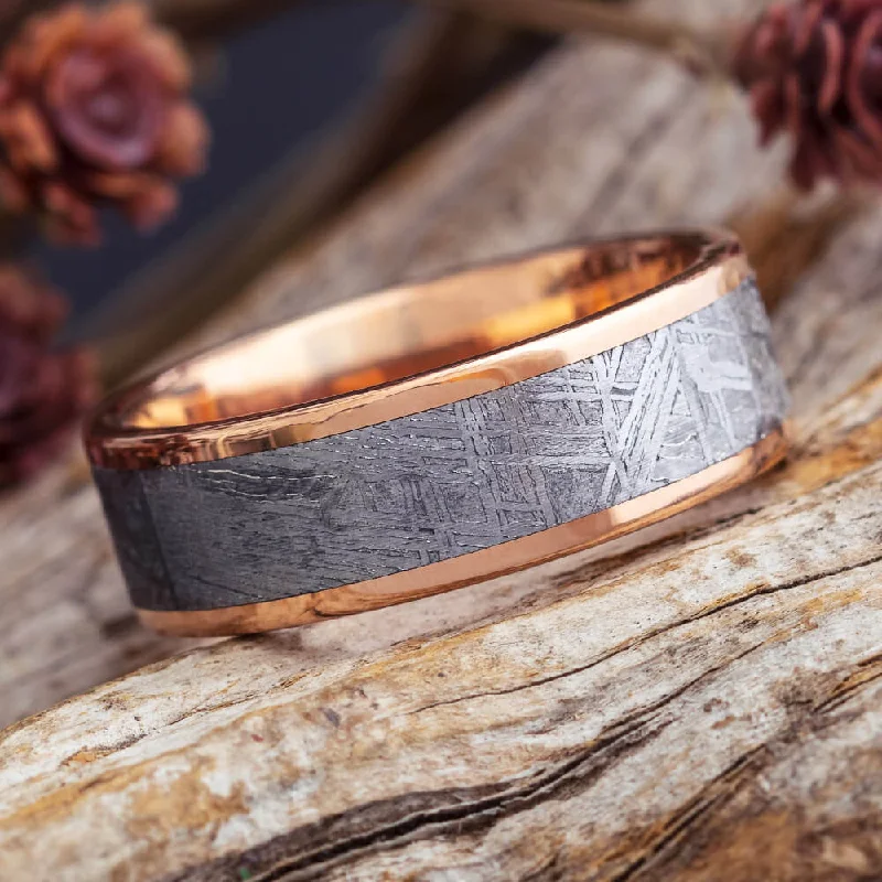 Meteorite Ring with Gold Edges, Unique Men's Wedding Band